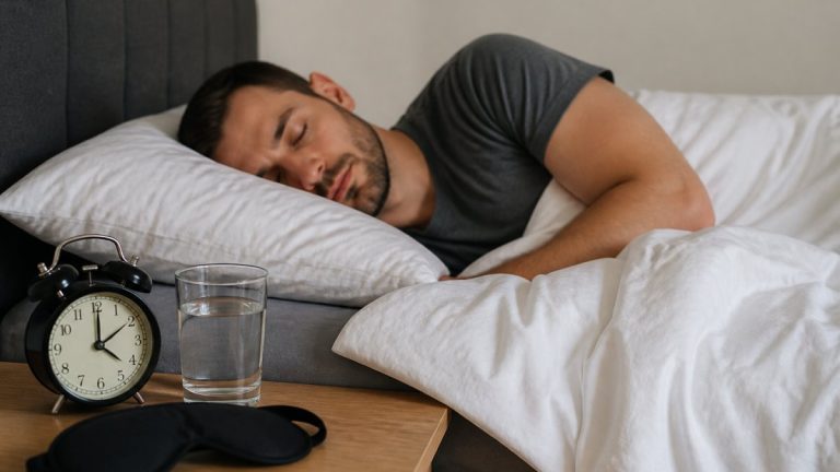 how-sleep-quality-affects-testosterone-production-1792018035 - Thrive Health Solutions Man asleep in bed with head on a pillow; a classic alarm clock and a glass of water sit on the nightstand nearby.