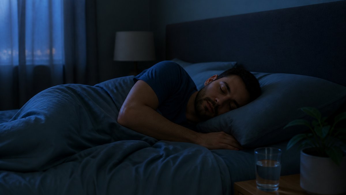 Infographic illustrating how sleep quality affects testosterone production through an ideal bedroom setup.