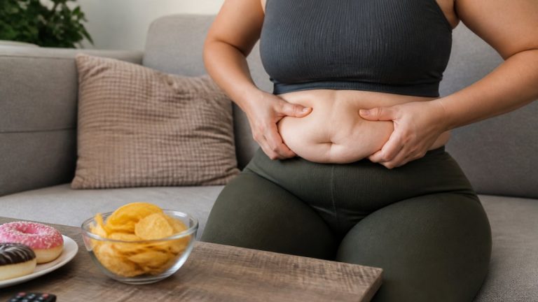 Person sits on a sofa, pinching belly fat with both hands while snack bowls and donuts sit on a coffee table nearby.