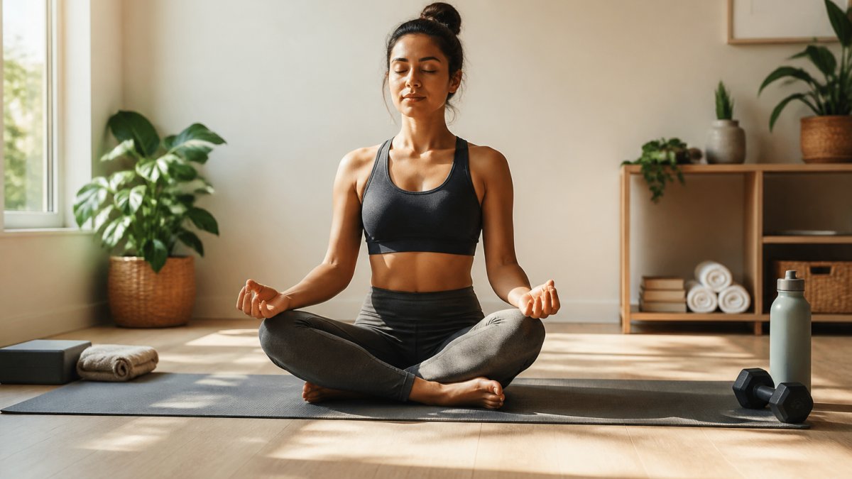 A person in comfortable clothing sitting cross-legged on a yoga mat in a calm, sunlit room, eyes closed, practicing meditation or deep breathing