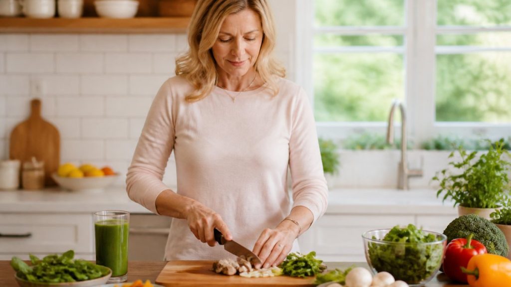 Woman in a pale pink sweater chops food on a cutting board in a bright kitchen with fresh greens and a green smoothie nearby.