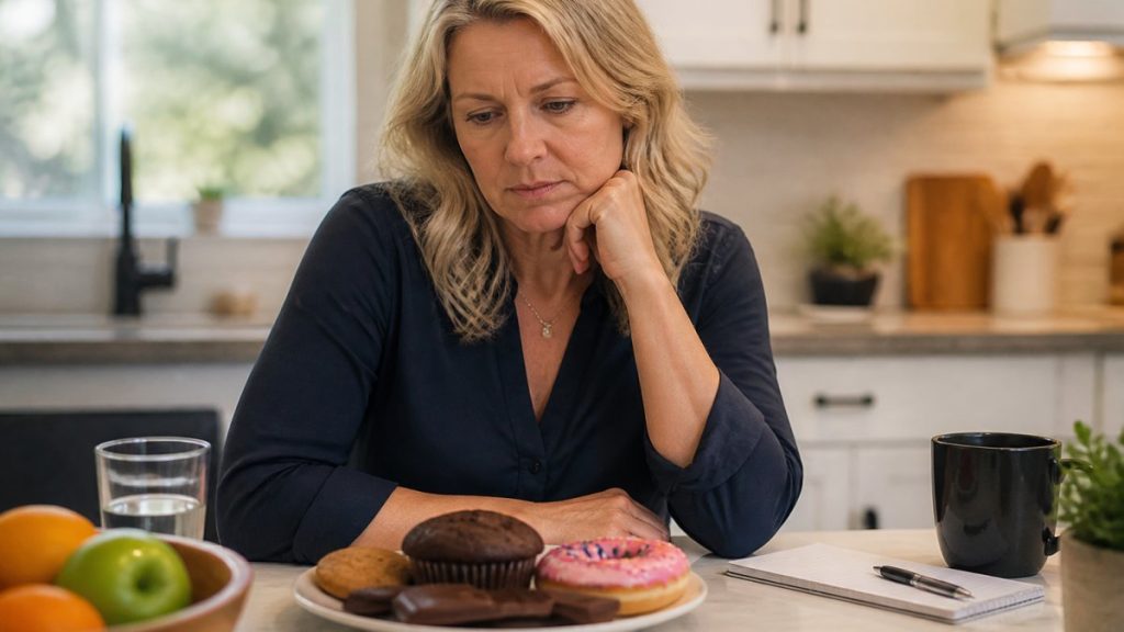 Woman sits at a bright kitchen table, resting her chin on her hand while looking at a plate of donuts and cookies with a worried expression.