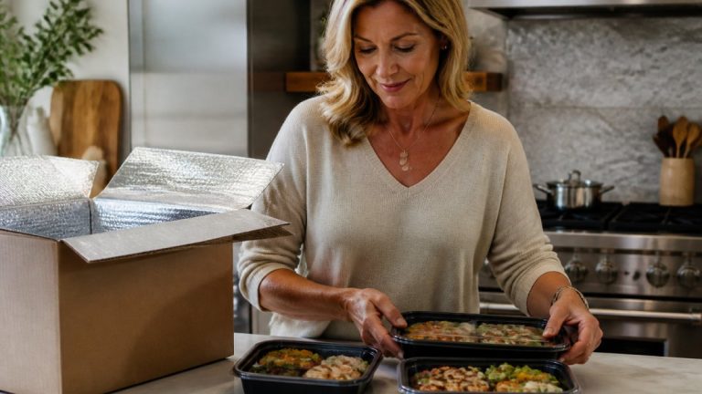 meal-delivery-for-menopause-a-local-guide-1792365758 - Thrive Health Solutions Woman in a beige sweater packs homemade meals into black meal-prep containers on a marble kitchen counter beside a cardboard shipping box.