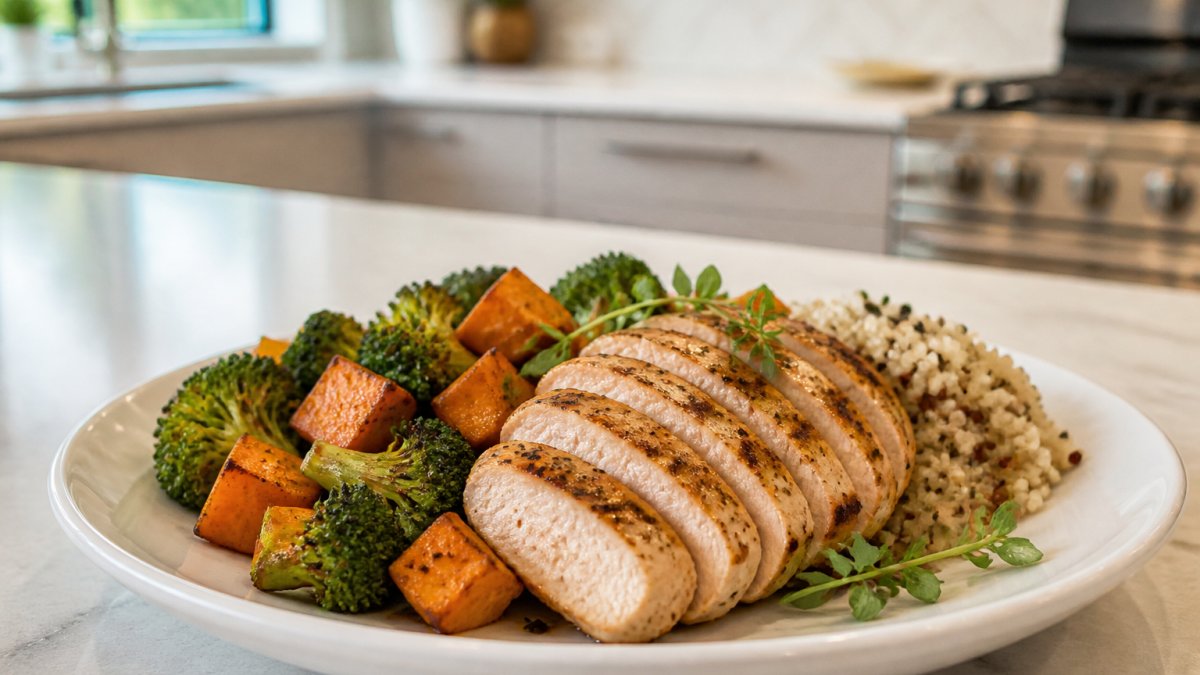 Professional prepared meal plate featuring grilled chicken breast, roasted vegetables including broccoli and sweet potato, quinoa, and fresh herbs garnish on white plate in modern kitchen setting