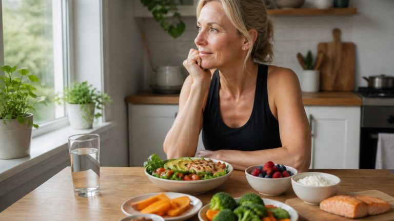 Thoughtful woman in a black tank top sits at a kitchen table with bowls of salad, berries, salmon, and vegetables in front of her.