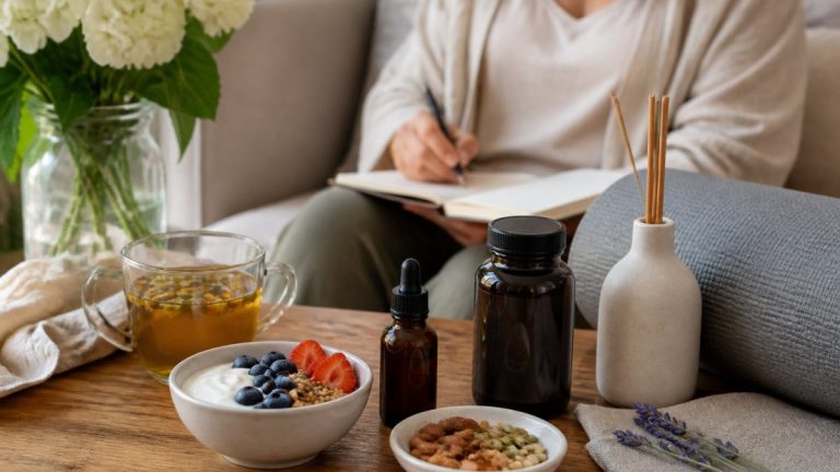 non-hormonal-treatments-for-menopause-anxiety-1792275348 - Thrive Health Solutions Person sits on a sofa writing in a notebook while a wooden coffee table in front holds tea, yogurt with berries and nuts, and a diffuser bottle area.