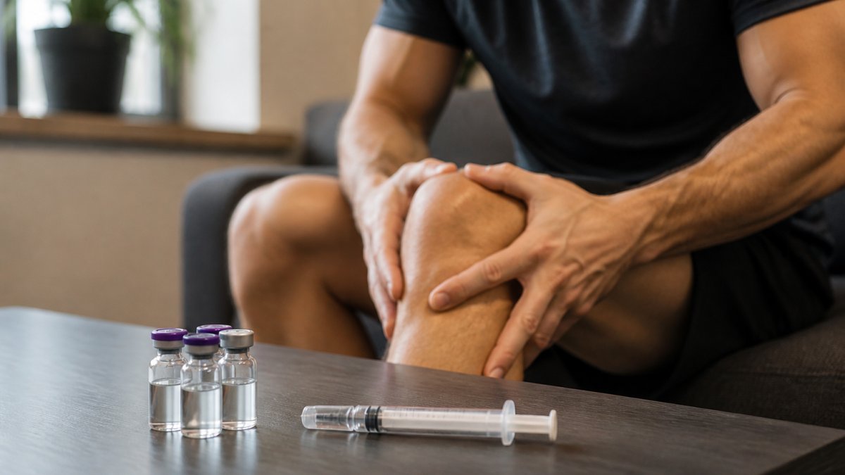 peptide-therapy-for-muscle-recovery-after-workouts-1791757455-1 - Thrive Health Solutions - Thrive Health Solutions Person sits on a sofa holding their knee, with a syringe and small vials on the table in front, suggesting a medical treatment or consultation.