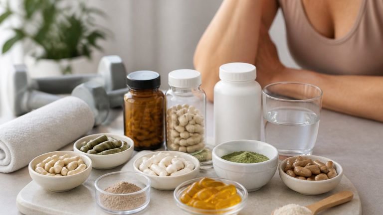 Assorted dietary supplements in bowls and bottles on a light countertop, with a person resting an arm nearby in the background.