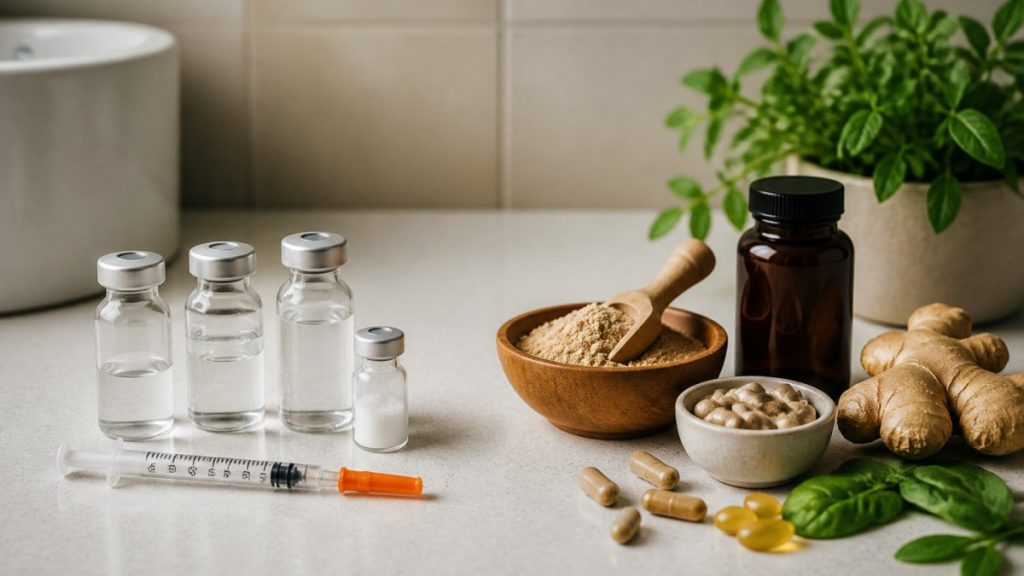 Set of medical supplies on a kitchen counter: glass vials, a syringe, a small jar of powder, a brown bottle, and assorted capsules with fresh ginger and greens nearby.