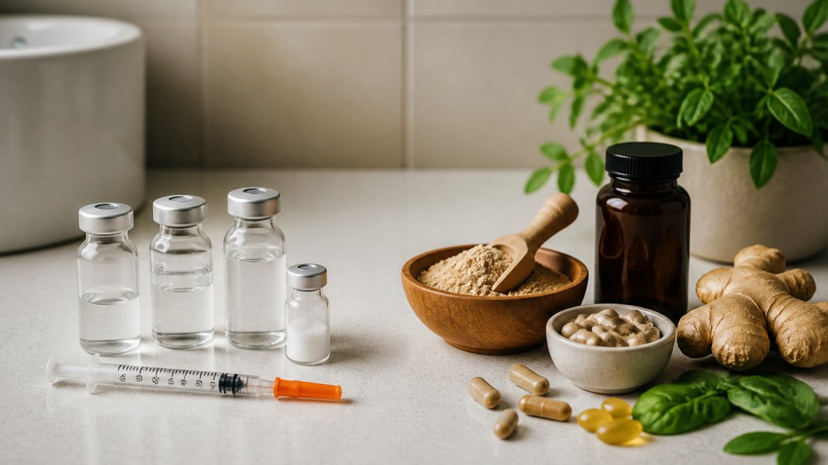 Set of medical supplies on a kitchen counter: glass vials, a syringe, a small jar of powder, a brown bottle, and assorted capsules with fresh ginger and greens nearby.