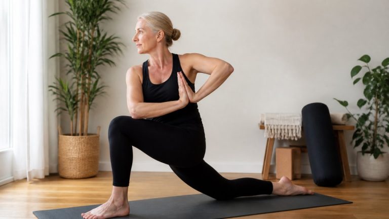 yoga-poses-for-menopause-weight-management-1791250744-1 - Thrive Health Solutions Senior woman in black athletic wear performs a yoga lunge on a mat, hands in prayer pose in a bright home studio.